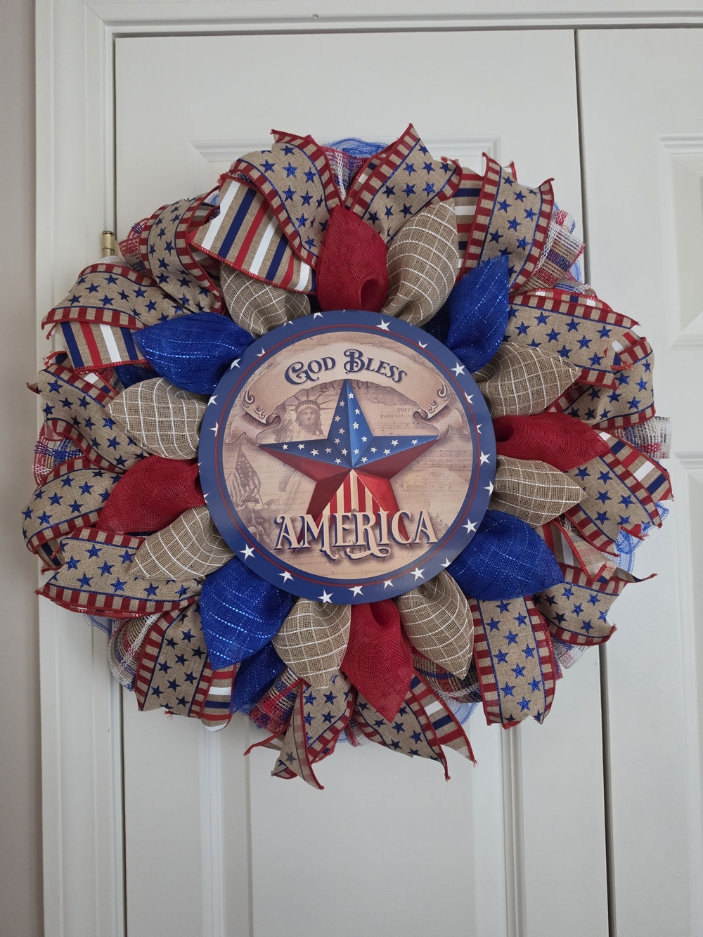 Patriotic Red, Blue & Tan 'God Bless America' Holiday Wreath
